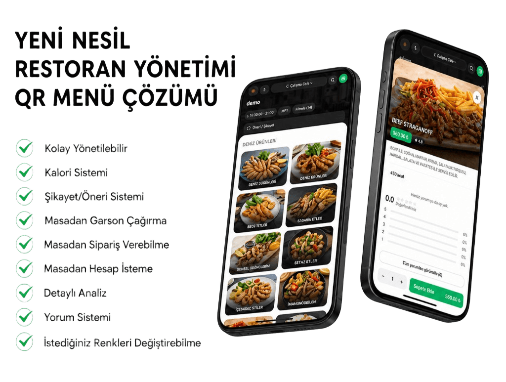 Menuboox QR menü — örnek kategori ve ürün detayı ekranları (şeffaf arka plan)